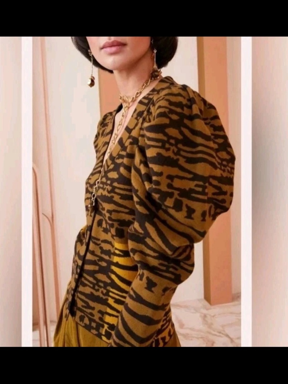 Tiger Stripe Puff Sleeve Cardigan - Mustard & Black